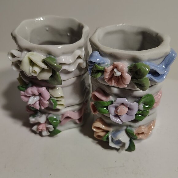 Vintage Victorian Hand Painted Porcelain Napkin Rings Decor Floral Rose Set of 6 - Picture 2 of 7